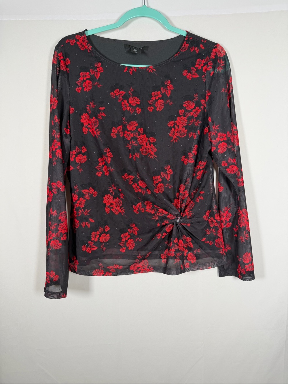 Tahari Whimsigoth Vamp Black and Red Floral Sheer Long-Sleeve Twist Front Top